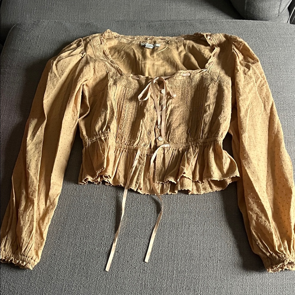 American Eagle Outfitters Light Brown Peasant Blouse with Swiss Dots